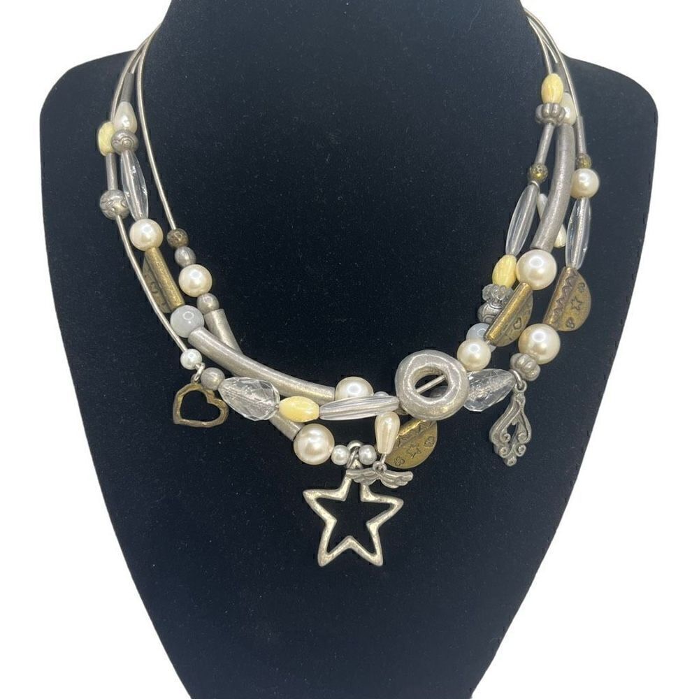Express Necklace Choker Multi Strand Star Heart Charms Silver Toned 17 Inches
